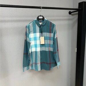 Authentic Burberry Blue and White Plaid Button Down Shirt
